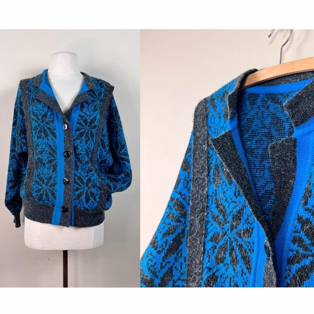 vintage 80s abstract mohair cardigan | 1990s 90s 1980s sweater Nordic fair isle